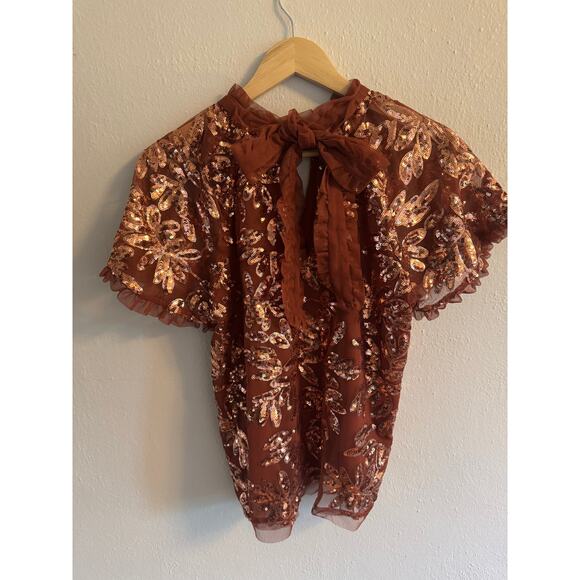 Anthropologie brown sequin ruffle blouse - Picture 7 of 8